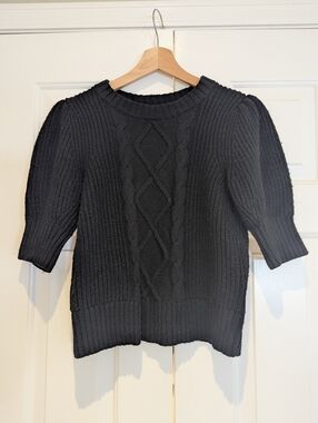 GAP Womens Black Cable Knit Short Puff Sleeve Sweater S Cottagecore Minimalist